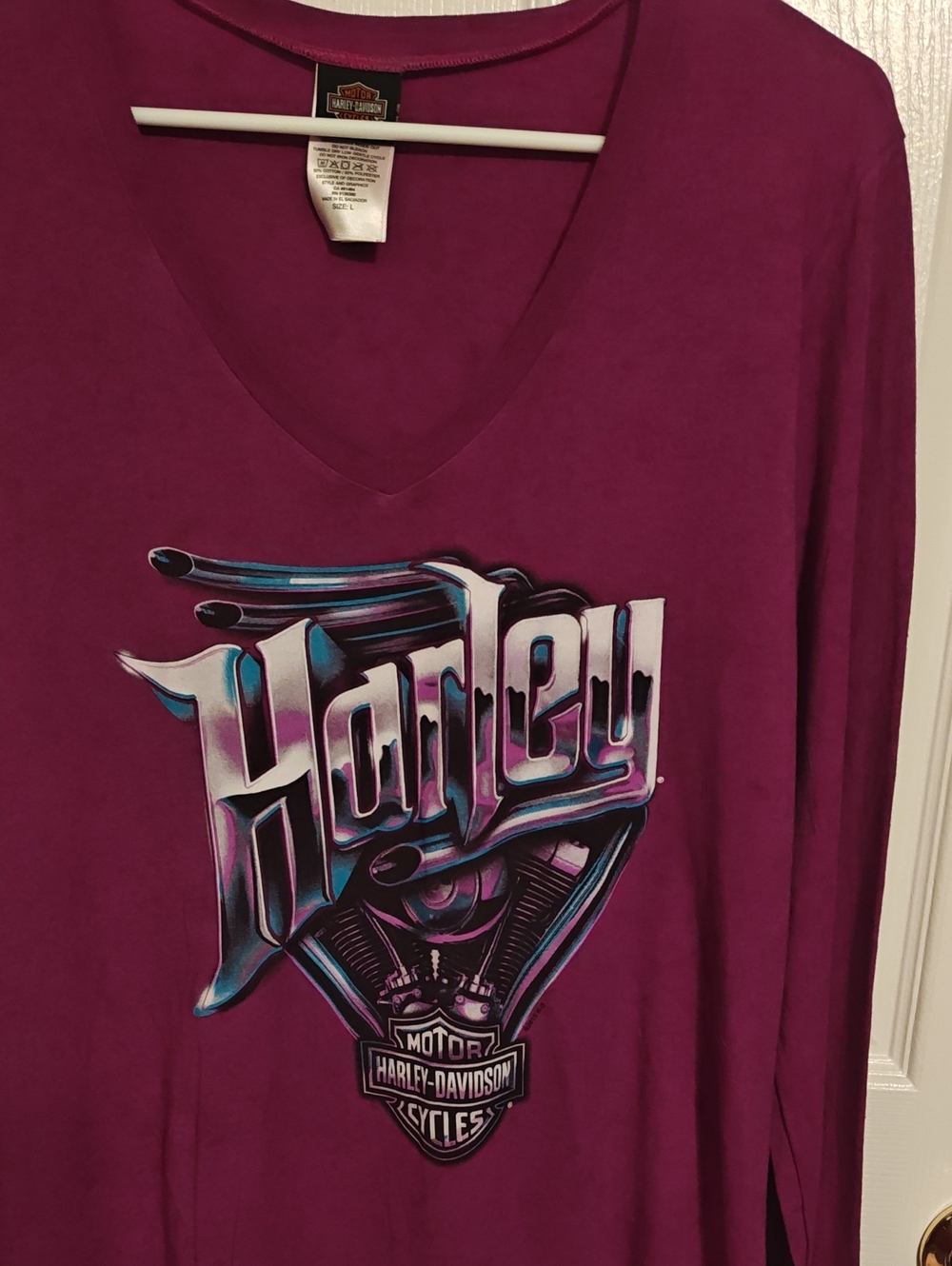Harley-Davidson Magenta Long Sleeve V-Neck with Multicolor Logo